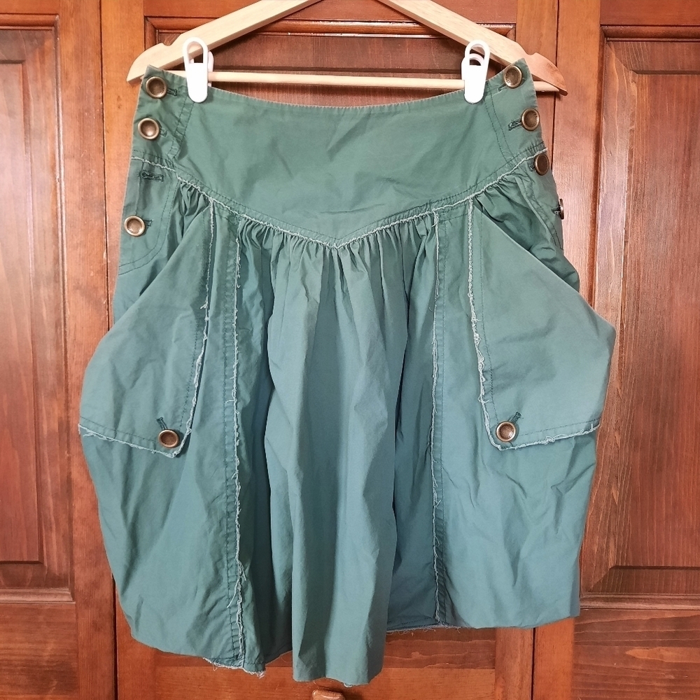 Vintage Y2K Bellvilles Green Frayed Edge Pleated Midi Skirt W/ Pockets Size S/M